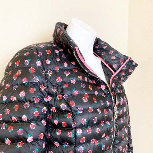 Kate Spade | Women's Black and Rose Print Down Puffy Jacket | Size: L - Picture 3 of 6
